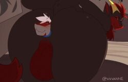 anal anal_vore animated anthro anthro_pred anus balls butt canid genitals hair male mammal nude penetration size_difference smile tail vivvanne vore