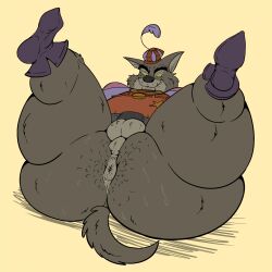 anthro anus badge balls belly big_butt body_hair bottomless bottomless_male butt butt_hair canid canine canis clothed clothing footwear genitals hat hat_feather headgear headwear hi_res huge_butt legs_up looking_down loose_feather male mammal medallion moobs overweight overweight_anthro overweight_male penis presenting presenting_anus sheriff_of_nottingham shirt shoes smile solo sunflower_fox thick_thighs topwear tunic wolf