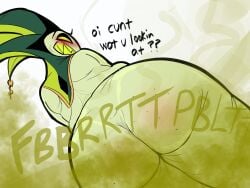 ass butt bubble_butt bubble_ass big_ass big_butt mammon_(helluva_boss) helluva_boss vivienne_medrano sharkcheeks fart fart_fetish fart_cloud farting looking_back looking_at_viewer laying_on_side green_skin green_body fool's_hat smelly_farts stink_lines stinky stinky_fart stinky_ass no_pupils yellow_teeth green_eyes blushing blush tagme 2026 2026s 2020s high_resolution 1:1 sound_effects naked naked_male demon