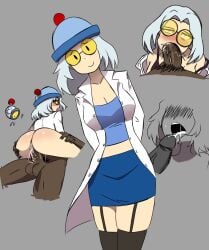 1boy 1girls blush brawl_stars cum cum_inside cum_on_tongue dark-skinned_male glasses hands_on_ass hat human humanized interracial labcoat light-skinned_female mouth_full_of_cock nani_(brawl_stars) partially_clothed partially_nude penetration scoop_skies swallowing_cum thighhighs tight_skirt vaginal_penetration white_hair