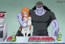 accurate_art_style ai_generated anime_coloring arlong bbc curvy curvy_figure female interracial interracial_sex interspecies large_breasts long_hair male mature_female nami_(one_piece) netorare ntr one_piece orange_hair stickyai