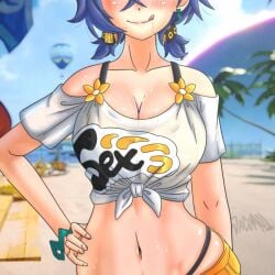 1girl aircraft armlet beach belle_(summer_skies)_(zenless_zone_zero) belle_(zenless_zone_zero) bikini blue_hair blurry blurry_background blush breasts cleavage drooling earrings female_torso highres hollow_(zenless_zone_zero) hot_air_balloon jewelry midriff mismatched_earrings navel official_alternate_costume orange_bikini orange_shorts outdoors palm_tree saliva shiny_skin shirt short_hair shorts smirk solo swimsuit tied_shirt tongue tongue_out tree wacum zenless_zone_zero