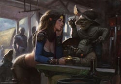 antti_hakosaari elf elf_female elf_ears goblin goblin_male pipe crop_top braided_hair adventurer market haggling seductive_pose seductive_eyes seductive_mouth cleavage treasure headband magnifying_glass sword dagger key