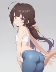 long_hair loose_hair slutty_female petite_female small_ass young_female heavenly_ass heavenly_body focus_on_ass blue_jeans no_panties crop_top white_skin flat_chest tempting_viewer ai_generated hinatsuru_ai blue_eyes brown_hair slapping_ass