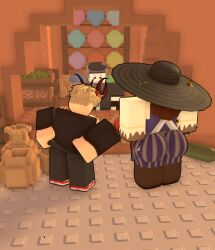 1boy 1girls 3d ass background_character big_ass block_tales calypso_(block_tales) clothed crossover fully_clothed mike_(pinkishpinkas) parody phighting pinkishpinkas roblox roblox_avatar roblox_game robloxian shop standing tagme zuka_(phighting)