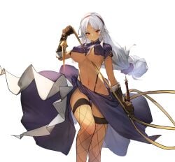 absurdres breasts clothes_lift contrapposto dark-skinned_female dark_skin eiyuu_densetsu fishnet_legwear fishnet_stockings garter_straps hair_ribbon highres holding holding_whip huge_breasts large_breasts long_hair long_skirt mature_woman navel orokanahime purple_skirt red_eyes ribbon scherazard_harvey simple_background skirt skirt_lift sora_no_kiseki stomach strap thighs thong thong_above_skirt trails_in_the_sky underboob whip white_hair