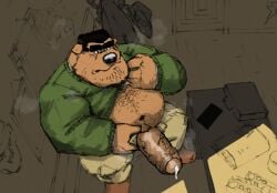 anthro aroused aroused_male barazoku beer_belly belly big_belly big_muscles big_penis bighurso black_chest_hair black_eyebrows black_facial_hair black_hair bodily_fluids body_hair bottomwear brown_clothing brown_footwear brown_shoes bulldog buzz_cut canid canine canis chest_hair clothed clothing clothing_pull desk domestic_dog dripping erection eyebrows facial_hair fondling_penis footwear furniture genital_fluids genitals grabbing_own_penis green_bottomwear green_clothing green_pants green_sweater green_topwear hair hand_on_own_penis hand_on_penis high-angle_view holding_erection holding_own_penis holding_penis leaking_precum looking_at_genitalia looking_at_penis male mammal manly mastiff masturbation molosser musclegut muscular muscular_anthro muscular_arms muscular_male muscular_thighs musk musky_body musky_penis office open_bottomwear open_clothing open_pants pants penis penis_grab penis_poking_out penis_through_fly precum precum_drip precum_from_penis precum_on_own_penis precum_on_penis presenting presenting_belly presenting_body presenting_penis rubbing_penis shirt shoes solo standing stroking_penis stubble suitcase sweater sweater_pull table thick_arms thick_eyebrows thick_penis thick_thighs topwear topwear_pull tough_guy vein veiny_penis white_clothing white_shirt white_topwear wide_stance