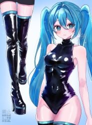 black_boots black_suit blue_background boots cyan_hair cyan_skin embarrassed female female_only hatsune_miku long_hair shyekari suit thighs twintails vocaloid