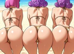 ai_generated mayihavesomeslops three_musketeers_(clash_royale) clash_(series) clash_royale from_behind gold_bikini ass ass_focus beach thick_thighs looking_ahead facing_away 3girls