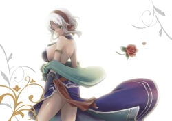 1girl armlet bad_id bad_pixiv_id breasts dress earrings eiyuu_densetsu expressionless falcom female_focus flower green_eyes hanabi_(usagibakudan) headband jewelry large_breasts red_flower red_rose rose sash scherazard_harvey short_hair sideboob solo sora_no_kiseki thighs trails_in_the_sky white_background white_hair