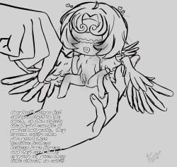1nonbinary being_held cookie cookie_run cookie_run_kingdom covered_eyes cute doughael human_on_cookie intersex interspecies legs_apart nonbinary on_hand open_mouth penis sitting_on_hand smaller_ambiguous sweet text tiny vagina white_hair wingplay wings wings_on_back yukidokeix
