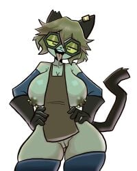 2026 anthro apron areola armwear bangs bedroom_eyes big_breasts black_nose blue_lighting bodily_fluids bottomless breasts brown_apron brown_areola brown_clothing brown_ears brown_eyewear brown_gloves brown_goggles brown_hair brown_handwear brown_nipples brown_tail cel_shading cleavage clothed clothing crooked_tail crooked_whiskers dark_ears dark_tail detached_sleeves domestic_cat exposed_breasts eyewear felid feline felis female gameoverse genitals glasses glitch_productions gloves goggles hair half-closed_eyes hands_on_hips handwear hi_res ineffective_clothing leather leather_clothing leather_gloves leather_handwear light_hair mammal melonmiloc messy_hair narrowed_eyes nipple_piercing nipples notched_ear open_mouth piercing portrait saliva saliva_string scratch_(gameoverse) seductive shaded shirtless short_hair side_bangs simple_background solo spanish_description standing tail tan_body thick_thighs three-quarter_portrait tinted_glasses tongue tongue_out vulva white_background wide_hips