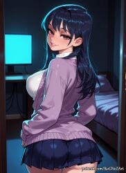 1girl 2026 ai_generated anime anna_yamada ass bangs bed bedroom black_hair blue_skirt blush boku_no_kokoro_no_yabai_yatsu boobs breasts brown_eyes buttocks cardigan cleavage covered_nipples crossover eye_contact female female_focus flushed from_behind highres huge_breasts indoors inside large_breasts lips long_hair long_sleeves looking_at_viewer looking_back monitor nsfw parted_lips patreon patreon_username pleated_skirt rognezart school_uniform shirt skirt smile smiling solo very_long_hair white_shirt yamada_anna