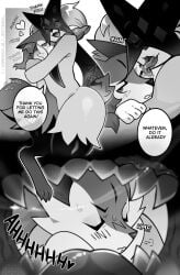 anthro blush bodily_fluids braixen duo eyes_closed face_lick felid female female/female generation_6_pokemon generation_9_pokemon greyscale hi_res hug licking mammal meowscarada monochrome mouth_shot nintendo onomatopoeia open_mouth pokemon pokemon_(species) saliva saliva_string sharp_teeth size_difference sound_effects tail tail_motion tailwag teeth text tongue tongue_out vore voremaxx willing_prey