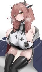 1girls armwear azur_lane big_breasts black_gloves black_thighhighs blush bottle breast_focus breasts brown_eyes brown_hair cow_ears cow_horns cow_print cowbell cowpens_(azur_lane) eagle_union_(azur_lane) fake_animal_ears fake_horns female female_only hair hands_on_breasts heart huge_breasts kogane_mokon lactating lactating_nipples lactation lactation_through_clothes lactation_without_expressing light-skinned_female light_skin revealing_clothes skimpy skimpy_clothes solo solo_female steam steamy_breath thick_thighs thighhighs thighs