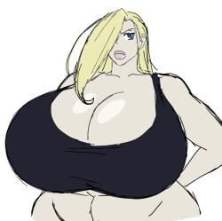 olivier_mira_armstrong fullmetal_alchemist_brotherhood blonde_hair blonde_hair_female solo solo_focus solo_female momiji_(artist) lips pink_lips kissable_lips big_breasts large_breasts enormous_breasts breasts breasts_bigger_than_head alternate_breast_size black_tank_top tank_top white_background 2d 2d_(artwork) female female_only female_focus 1girl 1girls hair_covering_eye one_eye_covered