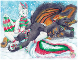 anthro breasts candy_cane chains closed_eyes collar color day dragon farorenightclaw female from_behind furry furry_only herm horns hybrid intersex on_front outdoors penetration piercing raised_tail scalie sideboob skunk snow tail vaginal_penetration wings