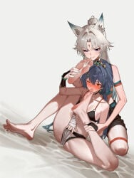 2girls absurdres age_difference animal_ear_fluff animal_ears armband barefoot blue_eyes blue_hair blush bra commentary_request commission commissioner_upload earrings feixiao_(honkai:_star_rail) feixiao_(sweat_now_cry_less)_(honkai:_star_rail) finger_under_clothes fingering fingerless_gloves forehead_jewel fox_ears fox_girl fuujin_(windust_michio) gloves gold_tiara grin hair_ornament hand_wraps headpiece height_difference highres honkai:_star_rail honkai_(series) jewelry licking licking_foot licking_own_foot long_hair multiple_girls one_eye_closed panties pixiv_commission ponytail shorts smile sports_bra tongue tongue_out touching_another's_crotch twintails underwear very_long_hair white_hair wrist_guards yellow_eyes yunli_(honkai:_star_rail) yuri