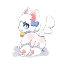absurd_res domestic_cat felid feline felis female feral head_turned hi_res looking_at_viewer mammal neisawa pawpads paws raised_tail rear_view simple_background smile solo tail white_body