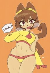 glitch_productions gameoverse kit_(gameoverse) kloe_mone female 1girls female_only anthro furry feline felid cat_ears cat_tail brown_hair short_hair goggles goggles_on_head pink_eyes blush animal_ears tail whiskers sweat open_mouth smile black_nose bikini breasts thighs speech_bubble tagme