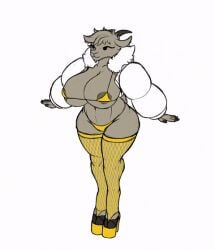1girls 2025 2_horns :3 animated anthro auri_(thehuskylord) beard big_areola bovid brown_fur brown_hair coat dancing fishnet_legwear floppy_ears fur_coat furry gif goat hands_at_side hooves huge_breasts loop mammal navel original platform_heels puffy_sleeves smile snout solo standing_on_one_leg thehooskilord thick_thighs thong_bikini tiny_bikini