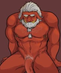 anthro balls bara barazoku beard big_daddy_(zenless_zone_zero) body_hair facial_hair flaccid furry male male_only muscles muscular nipple_piercing nude penis red_skin sitting solo solo_male suina sus_(pig) tusks white_hair yokunaiplay zenless_zone_zero
