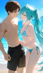 ai_generated attack_on_titan beach bikini bikini_top blue_eyes blue_hair brown_hair crossover eren_jaeger green_eyes happy hatsune_miku muscular_male ready_for_sex sea seductive seductive_smile sexy sexy_bikini sexy_body sexy_female shingeki_no_kyojin standing swelling swimming_trunks vocaloid