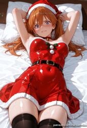 1girl ai_generated armpits arms_behind_head arms_up asuka_langley_sohryu bangs bare_shoulders bell belt black_thighhighs blue_eyes blush breasts choker christmas covered_navel dress female female_only fur_trim hat heart heart-shaped_pupils kermixx lip_biting long_hair looking_at_viewer lying medium_breasts neck_bell neon_genesis_evangelion on_back on_bed orange_hair pillow red_dress santa_costume santa_hat shiny_clothes solo sweat symbol-shaped_pupils thighhighs twintails