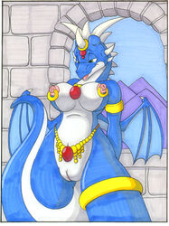 blue_skin breasts dragon dungeon female horns jewelry marc_leonhardt nipple_piercing nipples nude piercing pussy scalie solo wings