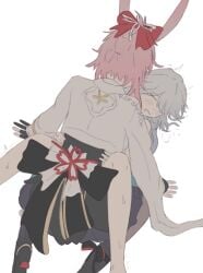 2girls animal_ears artist_name back_bow barefoot black_boots black_bow black_gloves blue_dress blue_skirt blush boots bow cherry_blossom_print chinese_clothes closed_eyes dress english_commentary evanescia_(honkai:_star_rail) feet_out_of_frame floral_print fox_ears fox_girl from_behind futa_with_female futanari gloves grey_hair grey_pantyhose hair_bow high_heel_boots high_heels honkai:_star_rail honkai_(series) jacket korshokor large_bow long_hair long_sleeves lying multiple_girls on_back open_mouth pantyhose partially_fingerless_gloves pink_hair pleated_skirt red_bow sex short_hair sidelocks simple_background single_glove skirt topknot trembling wavy_hair white_background white_bow white_jacket wide_sleeves yao_guang_(honkai:_star_rail)