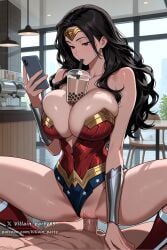 1boy 1girl ai_generated bangs bare_shoulders black_hair blush breasts bubble_tea bubble_tea_challenge cellphone circlet cleavage clothed_female_nude_male clothed_sex clothing_aside collarbone cowgirl_position cup day dc dc_comics disposable_cup drinking drinking_straw girl_on_top hetero holding holding_cup holding_phone indoors large_breasts leotard leotard_aside long_hair nude penis phone pussy red_leotard sex smartphone solo_focus spread_legs squatting_cowgirl_position straddling superhero sweat thighs uncensored vaginal veins veiny_penis villain_party69 wavy_hair window wonder_woman wonder_woman_(series)