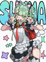 angels_of_delusion black_shoes colored_nails double_v female female_only green_eyes green_hair green_nails hoyoverse huge_thighs maid painted_nails red_tie sunna_(afternoon_tea_break)_(zenless_zone_zero) sunna_(zenless_zone_zero) suzuki text thick_thighs thighs tie v white_background zenless_zone_zero