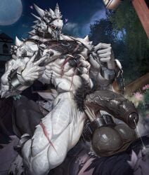 abs anal anal_penetration anthro arm_tattoo ball_stretcher balls barazoku big_balls big_penis black_tongue bodily_fluids body_hair chain chest_hair claws collar cuff_(restraint) dragon dripping drooling drooling_tongue duo exhibitionism fangs feet foreskin genital_fluids genitals happy_trail heart_symbol hi_res horn horn_jewelry jewelry jiushi_is_90 lactating leaking_precum leather leather_collar leather_strap leg_scar male male_lactation moon muscular muscular_anthro muscular_male mythological_creature mythological_scalie mythology night nipple_fetish nipple_pinch nipple_play nude outdoor_nudity outside outside_sex pecs penetration penile penile_penetration penile_spines penis pinch plant power_bottom precum precum_drip pubes public public_sex restraints saliva scales scalie scar sex shackles spikes spikes_(anatomy) straps tail tattoo teeth teeth_showing tongue tongue_tattoo tree vein veiny_penis white_body white_scales