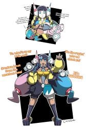 3girls accidental_fusion black_hair blue_eyes blue_hair boob_press boobs canari_(pokemon) canary_(pokemon) chabble coil_(pokemon) elesa_(pokemon) fusion fusion_character iono_(pokemon) kamitsure_(pokemon) kamitsure_(pokemon_bw2) magnemite magnemite_hair_clips mask multicolored_eyes multicolored_hair nanjamo_(pokemon) pale_skin pink_hair pokemon pokemon_bw pokemon_bw2 pokemon_legends:_z-a pokemon_sv sharp_teeth tagme talking_to_viewer tan_body tan_skin yellow_eyes