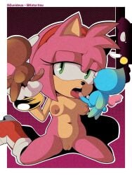 accessory amy_rose anthro blue_body boots bracelet breasts brown_body cartoon_eyes chao_(sonic) cheese_the_chao chocola_the_chao clothing cream_the_rabbit female flying footwear fur genitals gloves green_eyes group group_sex hair_accessory hairband handwear hi_res jewelry kneeling knife koturitsu lagomorph leporid licking male male/female mammal oral penile penis penis_lick pink_body pink_fur rabbit sega sex shoes sonic_(series) sonic_the_hedgehog_(series) surprised tan_body tan_skin threesome tongue wings zunideux