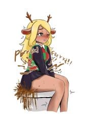 anthro blonde_hair bottomwear clothing deer deltarune diarrhea explosive_diarrhea feces feces_blowout female female_only hair hi_res mammal new_world_deer noelle_holiday pooping pooping_in_toilet reindeer scat sitting sitting_on_toilet skirt solo sweater toilet toilet_use topwear undertale_(series) unknown_artist