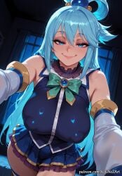 1girl 2026 ai_generated anime aqua aqua_(konosuba) bangs bare_shoulders blue_eyes blue_hair blue_shirt blue_skirt blush boobs bow breasts cleavage covered_nipples crossover curtains detached_sleeves eye_contact female female_focus flushed green_bow hair_accessory hair_between_eyes hair_ornament hair_rings half-closed_eyes highres huge_breasts indoors inside kono_subarashii_sekai_ni_shukufuku_wo! konosuba large_breasts long_hair looking_at_viewer naughty_face night nsfw patreon patreon_username rognezart seductive_smile shirt skirt smile smiling smug solo thick_thighs thighhighs thighs very_long_hair window