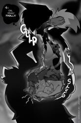 abdominal_bulge anthro braixen duo felid female female/female generation_6_pokemon generation_9_pokemon greyscale hi_res internal mammal meowscarada monochrome nintendo onomatopoeia organs paws pokemon pokemon_(species) sound_effects stomach swallowing text thought_bubble vore voremaxx willing_prey