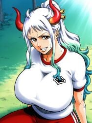 1girls ai_generated big_breasts curvy curvy_body curvy_female curvy_figure female female_only gym gym_uniform horn horns huge_breasts large_breasts light-skinned_female light_skin looking_at_viewer mature_female one_piece oni oni_female oni_horns ponytail shao145 shiny_skin solo solo_female sweat sweaty white_hair yamato_(one_piece)