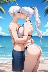 ahoge ai_generated beach big_breasts bikini brother_and_sister bubble_butt hugging incest kissing rwby siblings weiss_schnee white_hair whitley_schnee