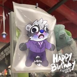 asphyxiation bag blue_face breath_play breathing bulbasaur clothing content_warning doll erection generation_1_pokemon hi_res male mammal mrdarknesswolf nintendo plastic_bag pokemon pokemon_(species) pokemon_plushie prize prize_counter procyonid raccoon roquemapache solo suit toy trapped