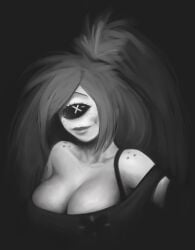 artrextino bra bra_strap breasts bust cherri_bomb cleavage cyclops cyclops_girl demon freckles grayscale hazbin_hotel large_breasts long_hair looking_at_viewer monochrome shirt smile tagme tied_hair