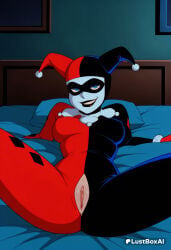 1girls ai_generated artist_name batman:_the_animated_series batman_(series) bed black_bodysuit black_lips blue_eyes bodysuit breasts clitoral_hood covered_nipples dc_animated_universe dc_comics domino_mask female_human harley_quinn harley_quinn_(dcau) hat hi_res indoors jester jester_cap lipstick looking_at_viewer lustboxai lying makeup mask medium_breasts on_back on_bed pillow pussy red_bodysuit smile solo spread_legs uncensored