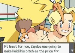 1boy 1girls allie_(pokemon_ecchi) animated blonde_female clap_(sound_effect) clapping_cheeks cum cum_inside defeat_rape defeated defeated_heroine doggy_style electric_shock electricity electrostimulation fangame fangame_character hinoarashi naked naked_female pixel_art pokemon pokemon_(species) pokemon_ecchi pokemon_fangame pokephilia rape raped raped_by_enemy raped_female tagme text video zapdos