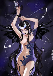 black_hair black_wings breasts galaxy greek_mythology half-dressed moon nipples nyx_(mythology) practically_nude see-through see-through_clothes see-through_clothing stars wings