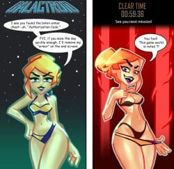 1girls belly_button bikini bikini_bottom bikini_top blonde blonde_female blonde_hair breasts dialogue double_bikini english_text female female_focus female_only gameoverse glitch_productions hair_bun imminent_doom lipstick looking_at_viewer miss_information_(gameoverse) navel purple_eyes purple_lipstick smug smug_expression smug_face smug_smile speech_bubble swimsuit text thick_eyebrows thighs tummy two-piece_swimsuit
