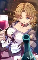 trails_in_the_sky 1girl aina_holden bar_(place) blue_eyes blurry blurry_background bodice bottle breasts brown_hair choker commentary_request cup dated drinking_glass eiyuu_densetsu highres holding holding_bottle holding_cup indoors large_breasts long_hair long_sleeves looking_at_viewer one_eye_closed parted_bangs parted_lips signature smile solo sora_no_kiseki tinybiard twitter_username upper_body wine_bottle wine_glass