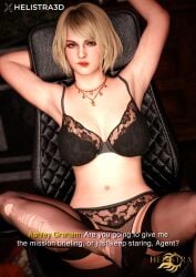 resident_evil resident_evil_4 resident_evil_4_remake ashley_graham ashley_graham_(ella_freya) helistra big_breasts blonde_hair blonde_female blue_eyes 1girls female female_only female_focus bob_cut breasts looking_at_viewer navel stockings ripped_stockings short_hair secretary 3d 3d_(artwork) blender hi_res highres makeup lipstick blush armpits armpit_fetish high_heels