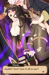 blushyspicy blushypixy fire_emblem fire_emblem_awakening tharja_(fire_emblem) robin_(fire_emblem) robin_(male)_(fire_emblem) black_hair blunt_bangs long_hair tiara blush brown_eyes bodystocking torn_clothes pantyhose jewelry thigh_strap large_breasts breasts_out nipples ass navel all_fours sex sex_from_behind choking_another books black_nails nail_polish kneeling coat white_hair black_coat gold_trim penis large_penis lips open_mouth tongue_out heart-shaped_pupils imminent_fellatio spitroast 2boys 1girl threesome group_sex vaginal cum facial ejaculation orgasm bukkake cum_on_upper_body cum_on_breasts cum_on_hair cum_in_mouth ahegao text_focus