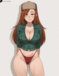 1girl 1girls ai_generated arms_behind_back black_eyes body_freckles breasts brown_headwear cleavage closed_mouth collarbone disney earrings female female_only freckles gravity_falls hat hi_res high_quality high_resolution highres large_breasts light lips long_hair looking_at_viewer midriff navel no_bra no_pants nose opal_nemy orange_hair panties partially_unbuttoned patreon_logo patreon_url patreon_username plaid plaid_shirt plain_background red_panties self_upload shadow shiny shiny_hair shiny_skin simple_background sleeves_rolled_up smile solo standing thighs watermark wendy_corduroy white_background